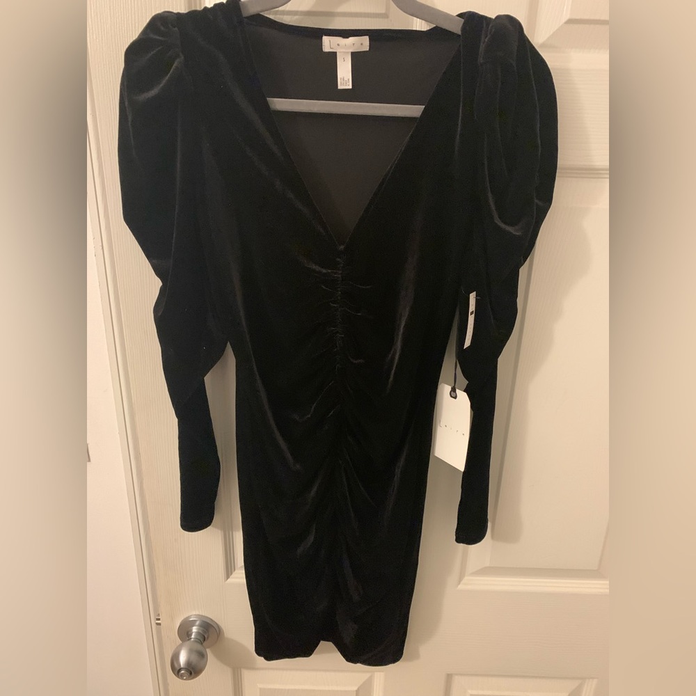 Leith Velour Puff Sleeve Mini Dress